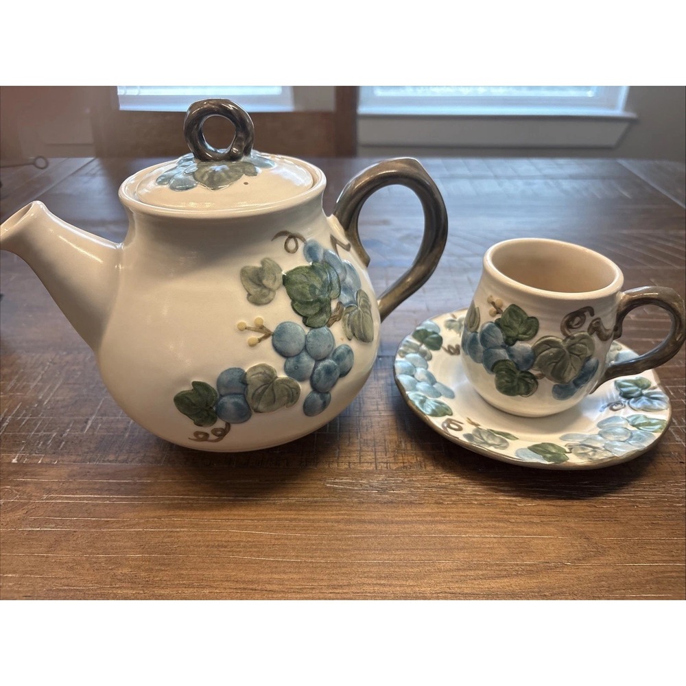 Vintage Metlox Poppytrail Sculptured Grape Teapot w/Lid and Tea Cup w/Saucer